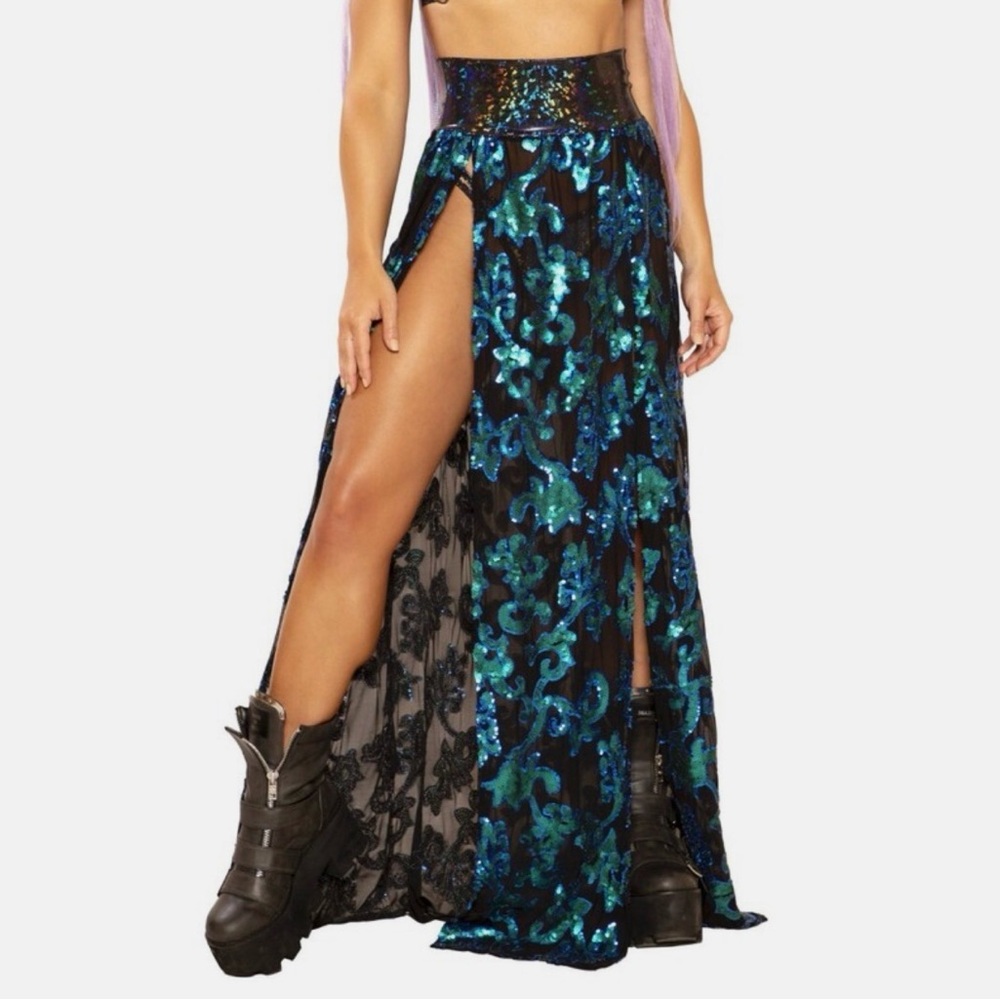J Valentine Sequin Blue/Green Black Festival Skirt -Large
